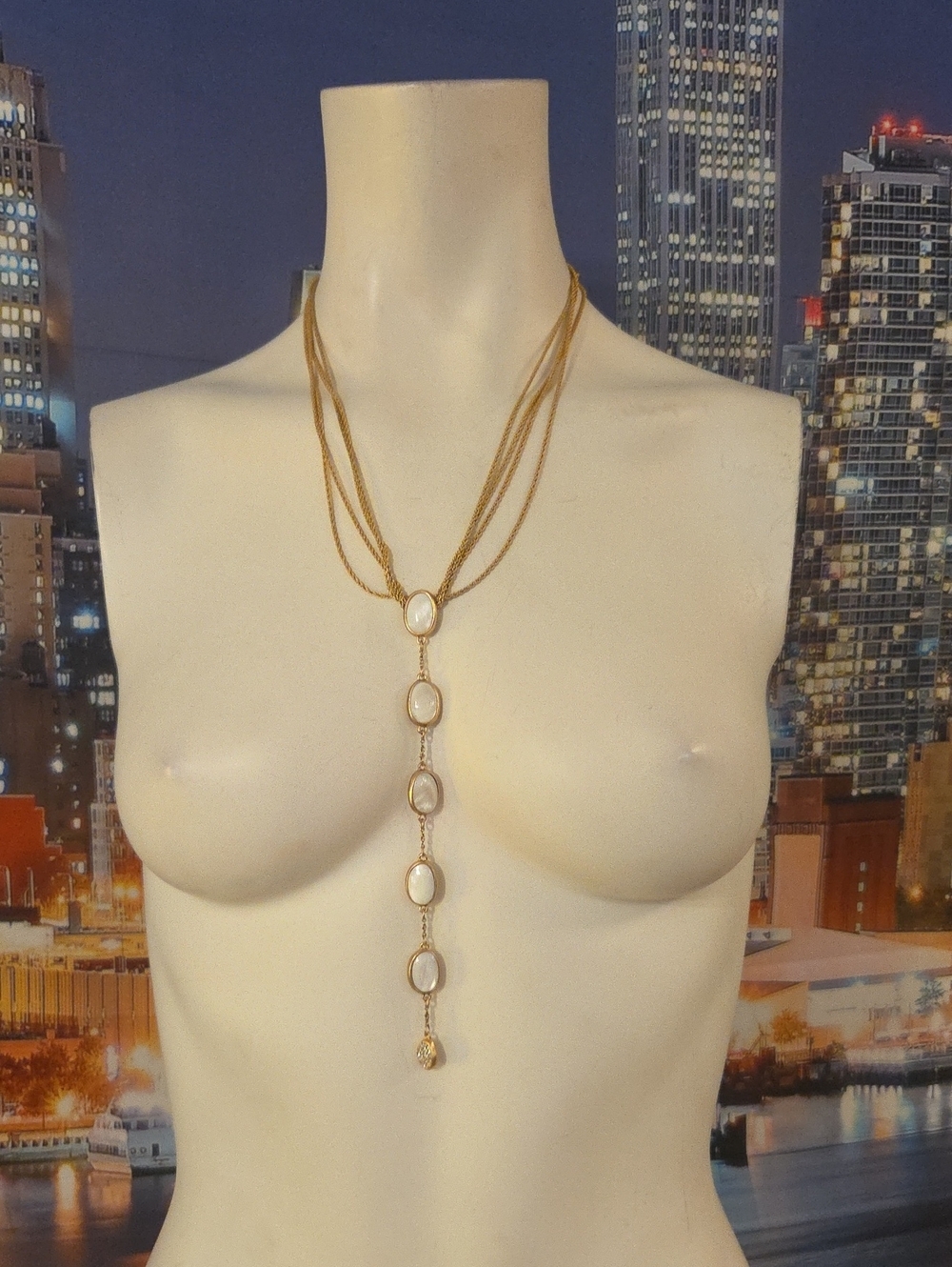 Gold Multi-Strand Lariat Necklace with White Oval Cabochons[1381]